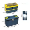 Bento Boxes Dubbelskiktade bärbara barns lunchlåda med gaffel och sked Mikrovågsugnskåp Set Food Storage Container Q240427