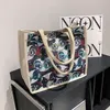 Fashion shopper tote bag horizontal printed canvas handbag woman luxury handbag canvas linen Beach big Travel shopping bag05