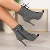 Dance Shoes Women Black High Heels Lace-up Boot Stilettos Jazz Woman Latin Dancing Outdoor Sexy Booties Big Size