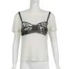 Tatlı siyah dantel sütyen baskı beyaz grafik tişört moda kadın bluz tees o boyun kısa kollu gündelik sokak terleri üstler 240416