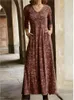 Casual Dresses Vintage Maxi 2024 Autumn Winter Long Sleeve V-Neck Print Tickets Dress for Women Loose Robe Femme