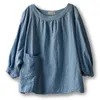 Kvinnors T-skjortor Johnature Women Vintage Blue Cotton Linen T-shirts Patchwork Pockets Tees 2024 Spring O-Neck långärmad lös