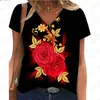 Dames T-shirts 2024 Zomer Fashion Rose Sunflower 3D Digitale printen Korte mouw T-shirt V-hals Casual forens Top