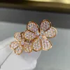 المصمم عالي الإصدار Van 925 Pure Silver Plated 18K Gold Lucky Grass Full Diamond Ring Classic CNC Lunchantion Strendy Style