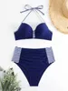 Swimwear Women 2024 Bikini rayé Halter Push Up Maignement Femmes Sexy High Wistrwear Bathers Females Bathing Swimming Swim Swimwarwear