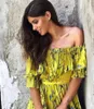 Feestjurken Bohemia Floral Tiered Plisse Midi-jurk Romantische off-the-shoulder geplooide skater Boho Tropical Layed Vacay Holiday Beach