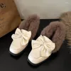 Dress Shoes Women Fur Mid Heels Bow Retro Warm Boots 2024 Winter Brand Plush Cotton Marie Janes Pumps Chunky Mujer Zapatos
