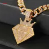 Hip Hop Iced Out Diamond Crown Pendant Collier Men Femmes With 13 mm Bling Cuban Gold Chain Fashion Cosplay Bijoux Bijoux