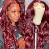 Syntetiska peruker 99J Bourgogne Spets Front Wig Human Hair Wave Red Female Pre Picked Q240427