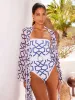 Set Fashion Vintage White Plaid Print One Piece Bikini Badeanzug und langer Poncho Seaside Holiday Casual Anmutig Frauen Badebekleidung