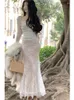 Lässige Kleider Vintage Spitze Midi Kleid Woemn Long Sleeve Square Collar Up Bodycon weibliche koreanische Fahsion ein Stück 2024