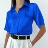 Satynowa koszula damska kołnierz polo biuro dama bluzka vintage niebieska zielona jedwabna koszula luźna guzika w dół koszule czarne modne topy 240426