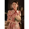 Vêtements ethniques 2024 Robe de toast à la mariée printanière Imprimé style chinois Qipao Fashion Bubble Sleeves Party Party Engagement Vestidos élégants