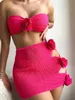 Bandeau 3d blommig bikini set rosröd badkläder 2024 kvinnor 3 stycke ihåliga baddräkt badare strandkläder kvinnlig simning 240426