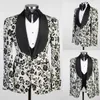 3 pièces Tuxedos de mariage motif de fleurs sur mesure Blazer Châle revers Pantalons Pantalons POCHETS Personnalisez le vesteau Pantalon noir Fashion Prom Part