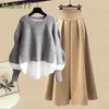 Herbst/Winter Korean Elegant Spleiß gefälschte zweiteilige Strickpullover Kleiderantriebs -Set Womens Chic Pullover Rock Set 240418