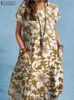 Vestido impresso da moda zanzea mulher roupas de manga curta elegante vestidos vintage casuais férias de verão férias vestidos 240425