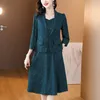ワークドレス秋/冬の緑のシルクプリントスーツコート長袖セット