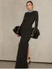 Casual Dresses Fashion Elegant Black Long Flare Sleeve Diamonds O-Neck Slit Maxi Bandage Dress Luxury Women Party Club Street Daily Wear