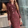 Casual Dresses High-Grade Elegant Retro Tweed Dress Women Asymmetric Large Lapel Slimming Woolen Plaid Lady Autumn Winter Commuter