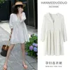 Zwangerschapsjurken 2024 Spring zwangere dames kleding losse lantaarn mouwen v-neck witte katoenen jurk modefeest Q240427