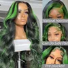 Syntetiska peruker Grön höjdpunkt Syntetisk spetsfront peruk lämplig för kvinnor svart och grön kroppsvåg stängd ombre pre -plockad Q240427