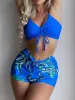 Set Tropical Print Shinkstring Bikini 2023 Женщины с высокой талией купальник галстук передние шорты купальные купальные купальники лето