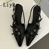Liyke Sexy Slingbacks Narrow Band Buckle Strap Pumps Women Pointed Toe Low Thin Heels Wedding Party Mules Shoes Female Sandals 240410