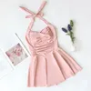 Kvinnors badkläder Sexig rygglös sommarbaddräkt Push Up One Piece Swimsuit Solid Korea med kjol Swim Dress Halter Pink