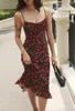 Casual Dresses Women Rose Flower Printed Diagonal Cut Strapless Slim Silk Slip Midi Dress