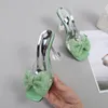 Slippers Size 34-46 Summer Party Fashion Green Rhinestone Bow Heels Sandals Women Square Open Toe PVC Transparent Shoes Slides