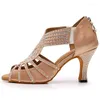 Dance Shoes Dileechi Kvinnors latin Beige Satin Rhinestone Party Ballroom Dancing Salsa Zipper Heel 8cm Skin Soft Outrole