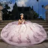Розовый с плеча с мячом платья Quinceanera, цветочные аппликации с блестками кружево Sweet 16 vestidos de 15 Anos