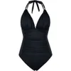 Nieuwe eendelig zwempak Conservatief Solid Color Neckhing Sexy Slimming Backless