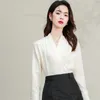 Kvinnor BLOUSES 2024 Office Lady Elegant Shirts Women White Glossy Silk Tops With Chic Brodery Cuff Patchwork Design Shirt Han Style Look