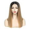 Wigs Medium Brown Color Synthetic Hair Lace Wigs High Temperature Fiber XTRESS Yaki Straight Short Bob Blunt Lace Wig Middle Part