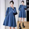 Maternity Dresses Korean style pregnant woman denim dress long sleeved lapel button fly fashion clothing Q240427