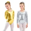 Aoylisey Ballet Dance Shinny Metallic Trikots für Mädchen Gymnastik BodySuit Langarmd Gold Romber Spandex Kostüm Kinder tragen 240412