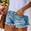 Kvinnors jeans sommarblå kvinnor denimshorts hög midja jean kvinnlig elastisk rippad korta modegata