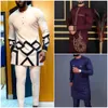 African Traditional Men Suit Printed Shirt Top Elastic Waist Pants White Wedding 2 Piece Set Outfits Ethnic Style Costumes 240419