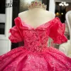 Fuchsia Ruffles Pailletten Spitzenballkleid Quinceanera kleidet