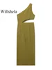 Casual Dresses Women Fashion Solid Pleated Hollow Out Side Zipper Midi Dress Vintage One Shoulder Asymmetrical Neck Female