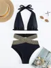 Swimwwear Women's Sexy Tricoted Patchwork Bikini Set 2024 Femmes Black Contrast Push Up Hollow Out High Waist Swimsuit Beach Bathing Full