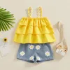 Clothing Sets Kid Clothes Girls Summer 2PCS Outfits Yellow Tiered Ruffle Camisole Daisy Print Denim Shorts Children's