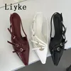 Liyke Sexy Slingbacks Narrow Band Buckle Strap Pumps Women Pointed Toe Low Thin Heels Wedding Party Mules Shoes Female Sandals 240410