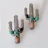 Stud -oorbellen retro kleurrijk S Stone Boho etnische antieke zilverkleur gesneden metalen vork cactus voor vrouwen