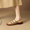 Lässige Schuhe 2024 Sommer Frauen Sandalen Retro geteiltes Leder Luxus Römisch schmale Band Gladiator Chunky Heel