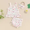 Clothing Sets Infant Baby Girl Summer Clothes Cotton Linen Floral Sleeveless Ruffle Tank Tops Shorts Headband 3Pcs Outfits Set