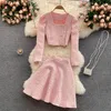 Work Dresses Winter Women's Fashion Suits Female Square Collar Long Sleeve Short Coat High Waist Skirt Two-Piece Sets