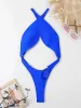 Set Sexy Solid Blue One Piece Swimsuit 2023 Women Halter Cross Cut Out Thong Swimwear Bathing Suit Backless Micro Push Up Bikini